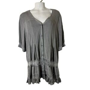 POL Grey Lace Ruffle‎ Tunic Top Lace Boho Romantic Fairycore Medium